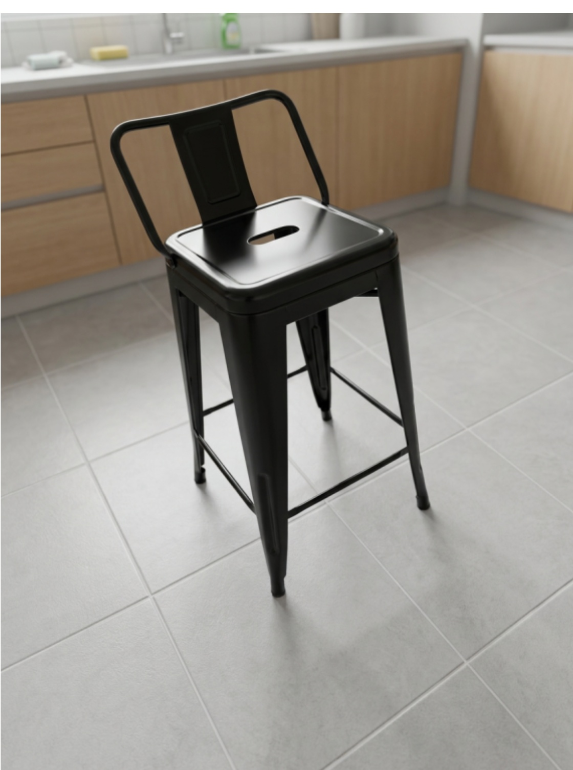 Black metal stool with back